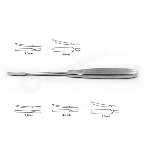 Photo of lempert raspatory, use in surgical procedure and drawings surrounding raspatory show the option of tips